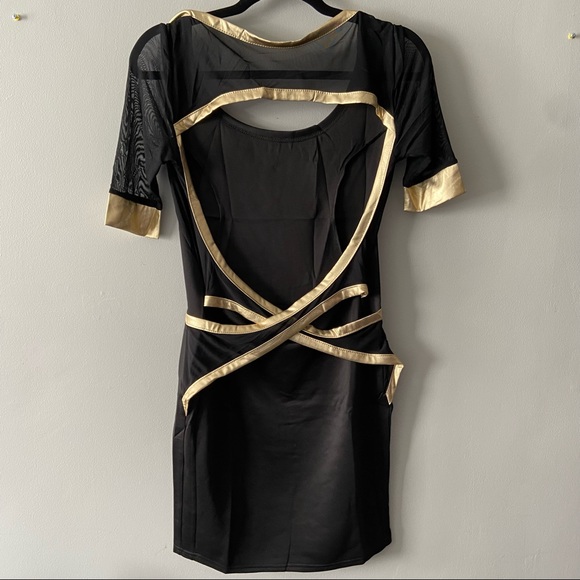 Black Dress with Mesh and Gold Trim Detail - Picture 3 of 8